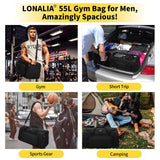 LONALIA 55L Sports Gym Duffle Bag for Men - 22 inch Large Duffel bag for Workout, Travel, Weekender, Fitness (Black)