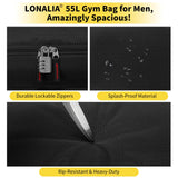 LONALIA 55L Sports Gym Duffle Bag for Men - 22 inch Large Duffel bag for Workout, Travel, Weekender, Fitness (Black)