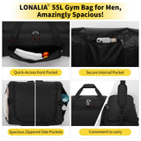 LONALIA 55L Sports Gym Duffle Bag for Men - 22 inch Large Duffel bag for Workout, Travel, Weekender, Fitness (Black)