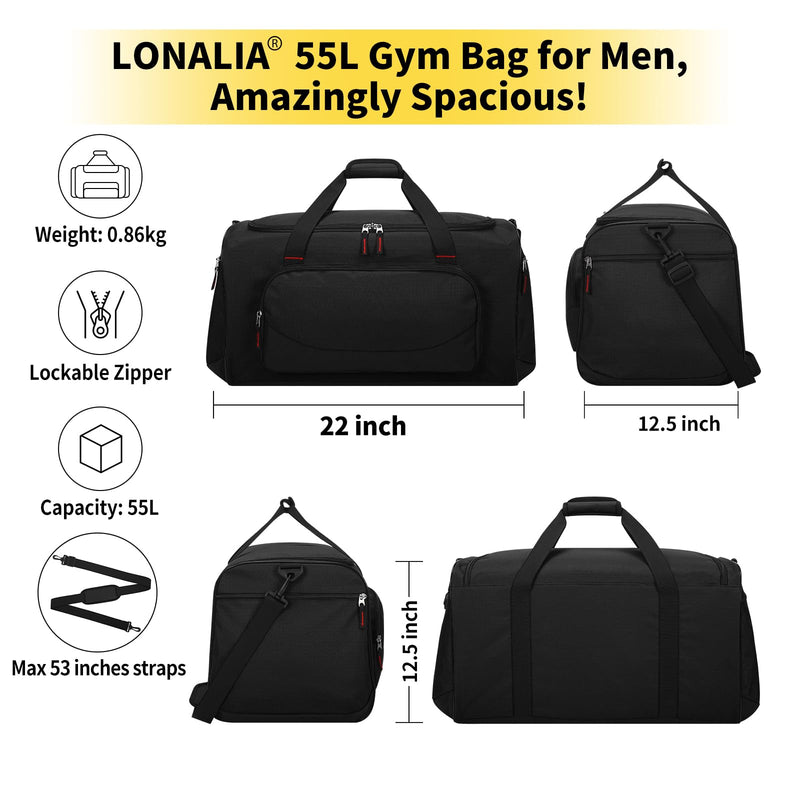 LONALIA 55L Sports Gym Duffle Bag for Men - 22 inch Large Duffel bag for Workout, Travel, Weekender, Fitness (Black)