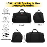 LONALIA 55L Sports Gym Duffle Bag for Men - 22 inch Large Duffel bag for Workout, Travel, Weekender, Fitness (Black)