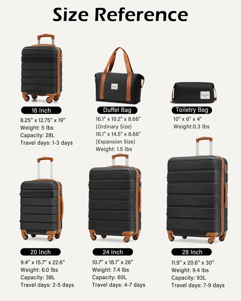 LONG VACATION 6 Piece ABS+PC Hardshell Luggage Set with Spinner Wheels, Lightweight suitcase set with TSA Lock & YKK Zipper