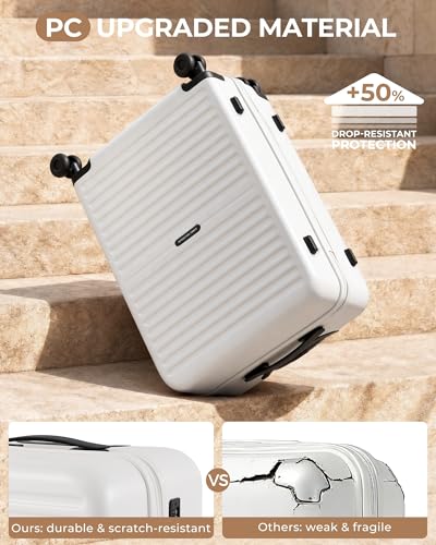 LONG VACATION Luggage Sets, PC Lightweight Suitcase with Spinner wheels, 3 Piece Luggage Set with TSA Lock, Hard shell Suitcase Set, Checked Travel Suitcase (White, 3 Piece Set)