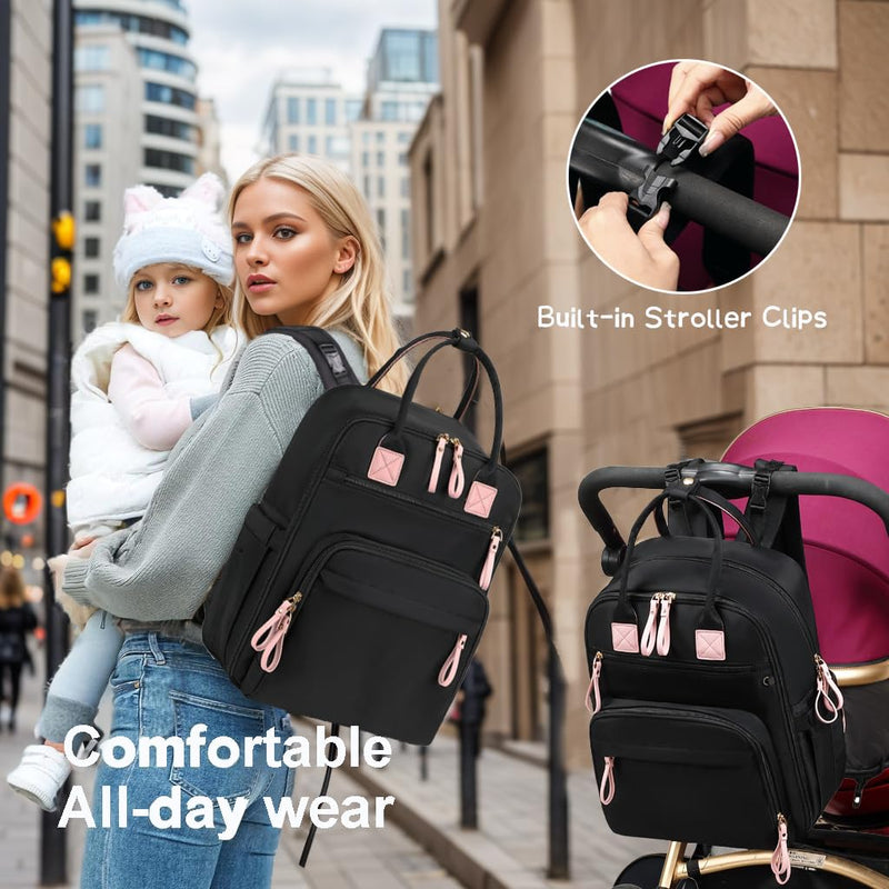 LORADI 18 Pockets Large Diaper Bag Backpack with 4 Insulated Pockets and Stroller Clips, Baby Shower Essentials (Black, Large)