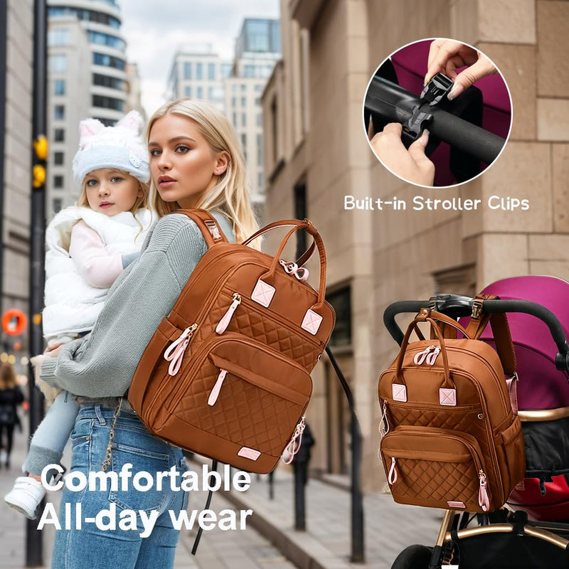 LORADI 18 Pockets Large Diaper Bag Backpack with 4 Insulated Pockets and Stroller Clips, Baby Shower Essentials (Brown, Large)