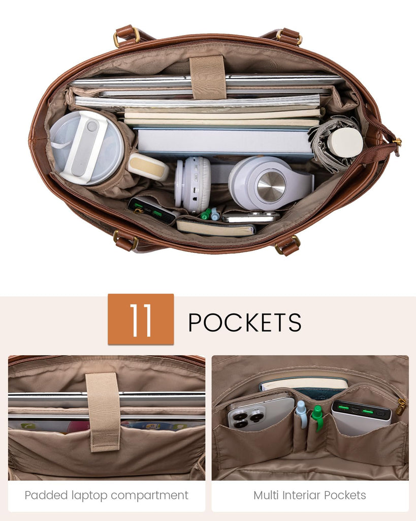 LOVEVOOK 15.6 Inch Laptop Bag for Women, Vintage Leather Work Tote Bags with Large Cup Holder, Teacher Nurse Medical Professional Computer Bag, Office Briefcase Handbag Gift