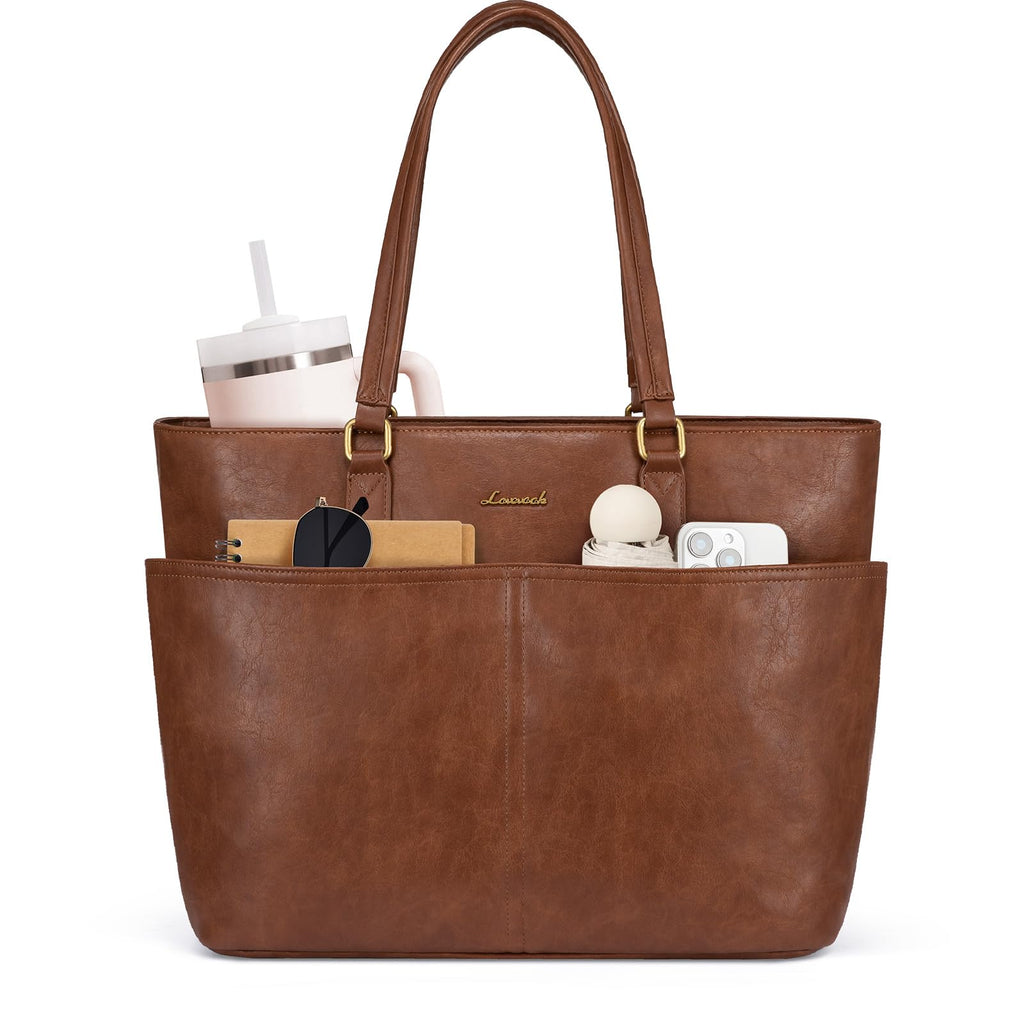 LOVEVOOK 15.6 Inch Laptop Bag for Women, Vintage Leather Work Tote Bags with Large Cup Holder, Teacher Nurse Medical Professional | Backpacks4Less