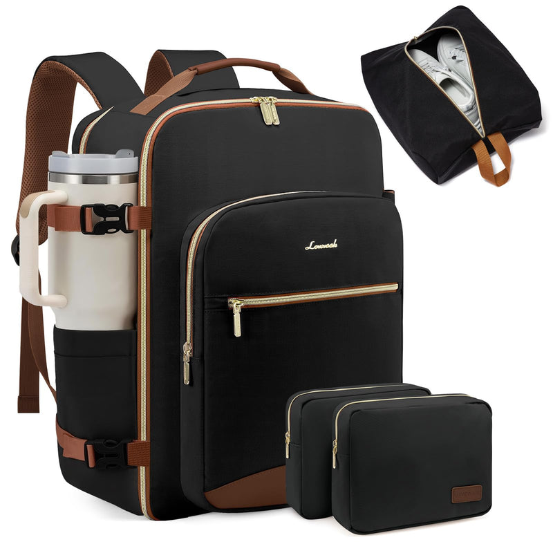 LOVEVOOK 40L Large Travel Backpack for Women Men, 17 Inch Carry on Backpack for Traveling on Airplane, Personal Item Bag Airline Approved, Business Causal Weekender Backpack, Black - Brown