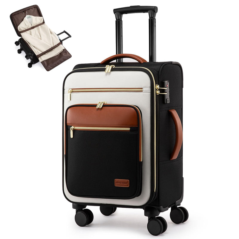 LOVEVOOK Carry on Suitcase 22x14x9 Airline Approved,20 inch Lightweight Waterproof Suitcases with 360° silent swivel wheels, TSA Lock and Compartment, Large Capacity travel Suitcase Black - White - brown