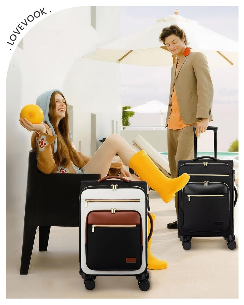 LOVEVOOK Carry on Suitcase 22x14x9 Airline Approved,20 inch Lightweight Waterproof Suitcases with 360° silent swivel wheels, TSA Lock and Compartment, Large Capacity travel Suitcase Black - White - brown