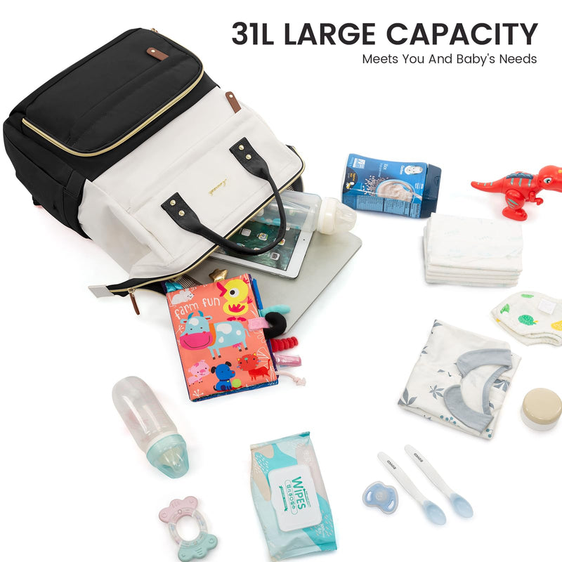 LOVEVOOK Diaper Bag Backpack, Baby Bag with Changing Station, Large Diaper Backpack for Mom Dads, Waterproof Mommy Bag for Boy and Girl, Travel Essential Baby Shower, Black - Beige