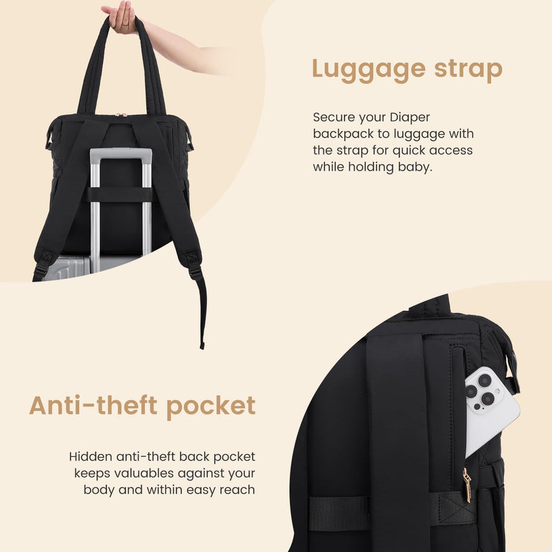 LOVEVOOK Diaper Bag Backpack,Diaper Bag Tote for Mom Dad with Changing Pad,Insulated Pockets, Convertible Lightweight Mom Backpack with Pacifier Case（Black）