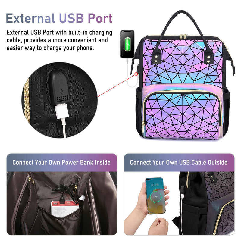 LOVEVOOK Geometric Luminous Laptop Backpack for Women, Holographic Reflective Laptop Bag with USB port, Fashion Purses Travel Bags Vintage Daypacks for Casual, College, Work, Gifts for Women
