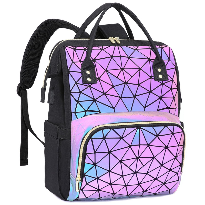 LOVEVOOK Geometric Luminous Laptop Backpack for Women, Holographic Reflective Laptop Bag with USB port, Fashion Purses Travel Bags Vintage Daypacks for Casual, College, Work, Gifts for Women