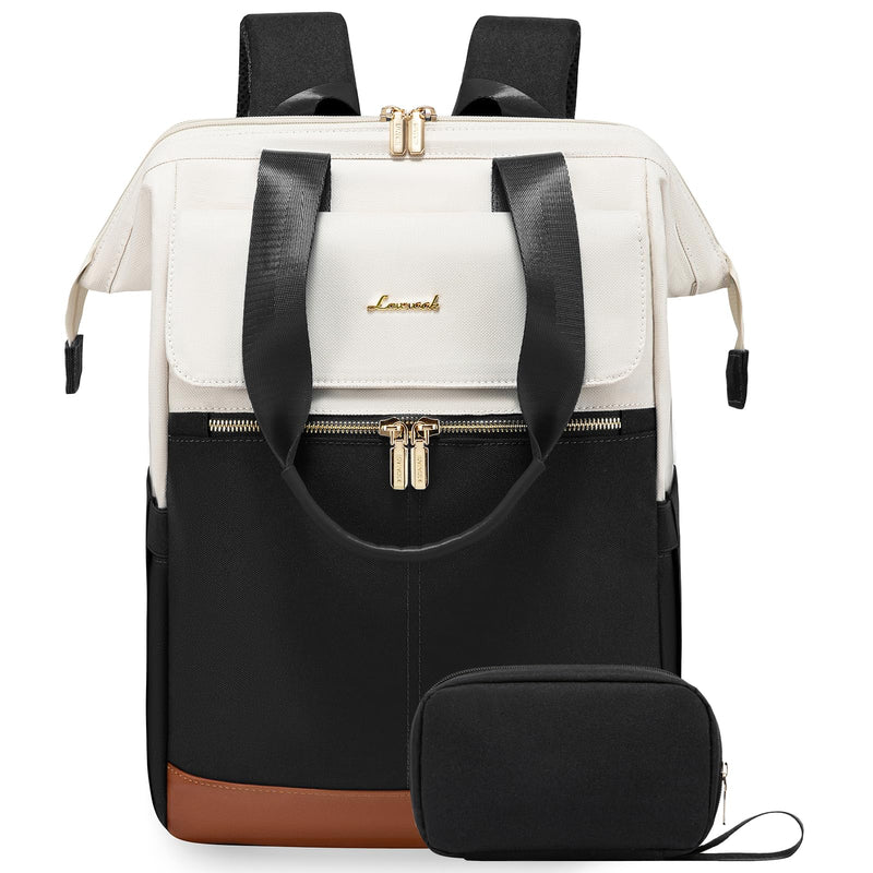 LOVEVOOK Laptop Backpack for Women, 15.6 Inch Work Laptop Bag with USB Port, Fashion Teacher Nurse Backpack Purse, Waterproof Travel Computer Backpack with Organizer Bag, 2PCS, Beige - Black