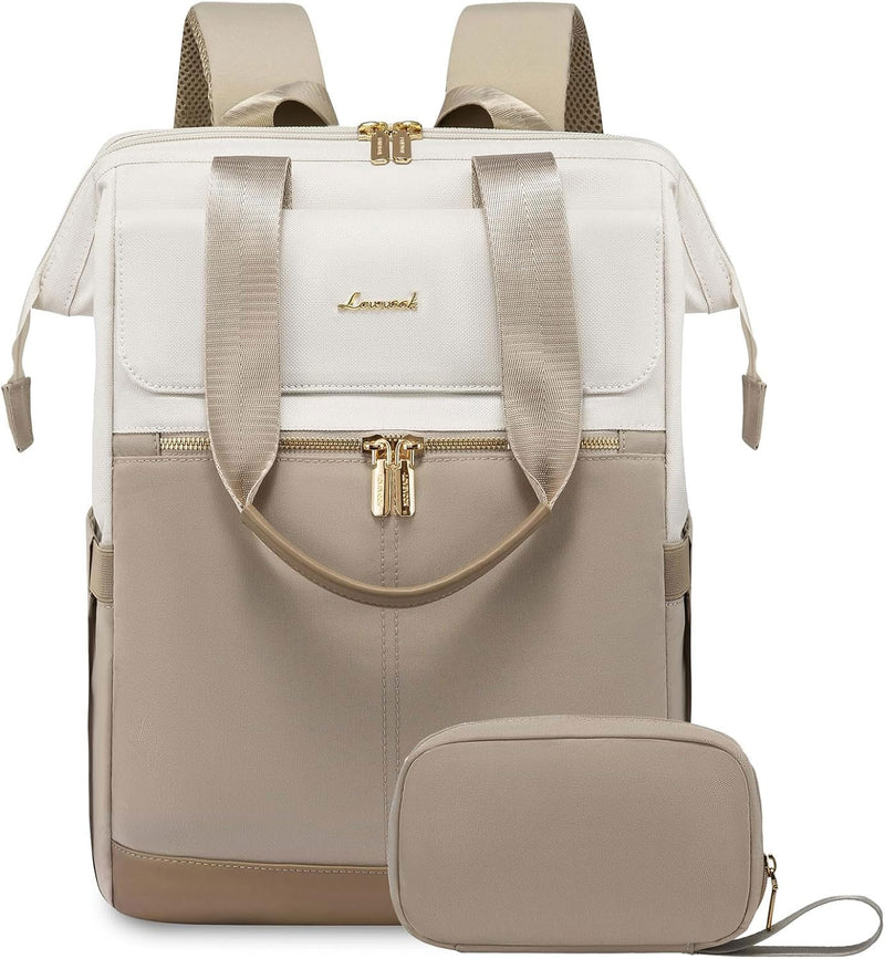 LOVEVOOK Laptop Backpack for Women, 15.6 Inch Work Laptop Bag with USB Port, Fashion Teacher Nurse Backpack Purse, Waterproof Travel Computer Backpack with Organizer Bag, 2PCS, Beige - Khaki