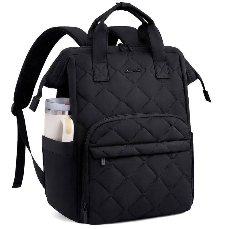 LOVEVOOK Laptop Backpack for Women, 15.6 inch Work Travel Backpack Purse, Puffer Quilted Laptop Backpack Casual Daypack for Nurse Teacher，Black