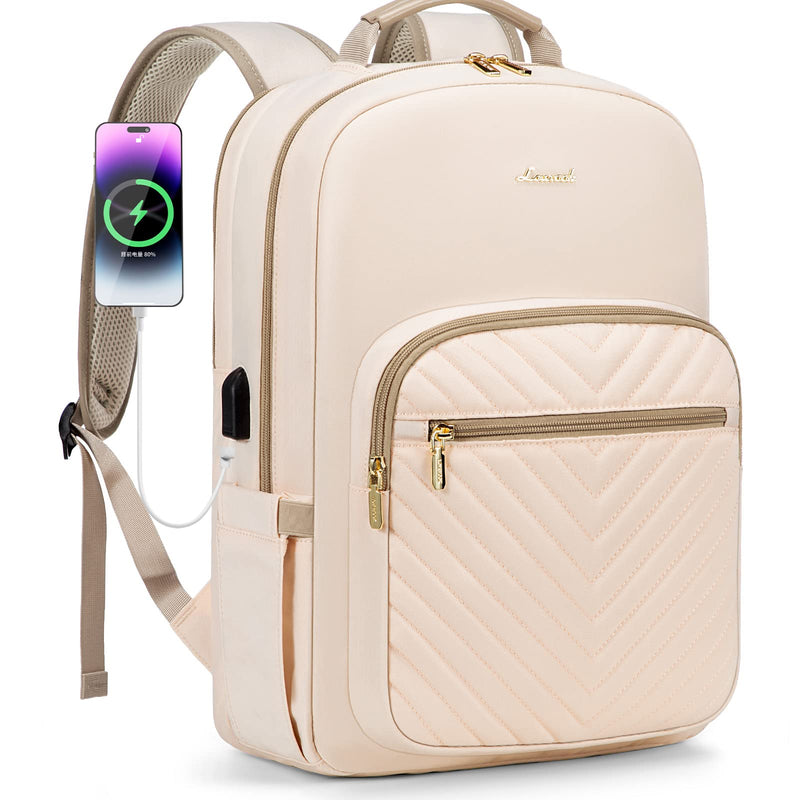 LOVEVOOK Laptop Backpack for Women 15.6 inch,Cute Womens Travel Backpack Purse,Professional Laptop Computer Bag,Waterproof Work Business College Teacher Bags Carry on Backpack with USB Port,Off - white
