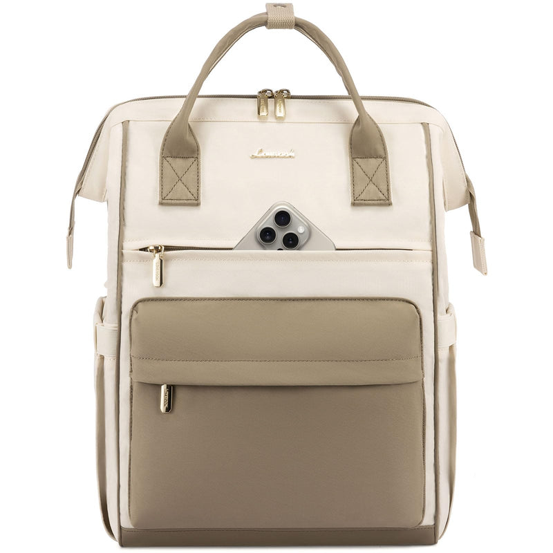 LOVEVOOK Laptop Backpack for Women, 17 Inch Work Teacher Nurse Bag, Large Capacity Business Computer Backpack Purse with USB Port, Stylish Casual Daypack for Travel,Beige&Khaki
