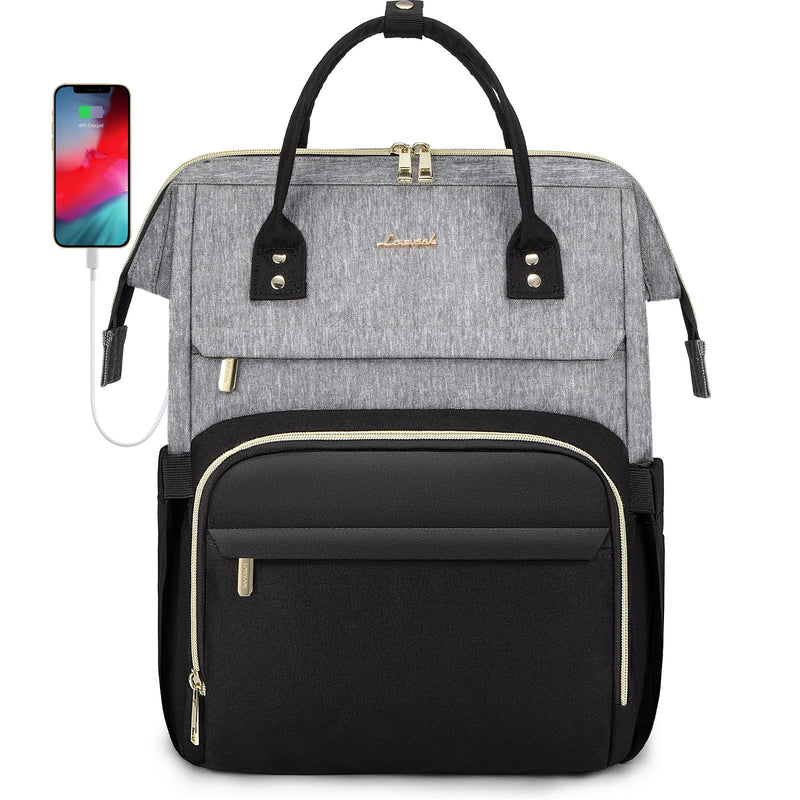 LOVEVOOK Laptop Backpack for Women, Fashion Computer Backpacks Purse, School Student Bookbag for Girl, Business Travel Bags, Doctor Nurse Backpack for Work, Fits 15.6 - Inch Laptop, Grey Black