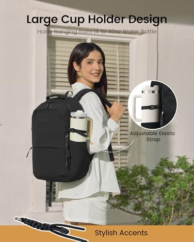 LOVEVOOK Laptop Backpack for Women Men with Giant Tumbler Holder - 15.6Inch Work Computer Travel Backpack with Laptop Compartment, Water Resistant, Cute Commuter College Teacher Nurse Purse Bag,Black