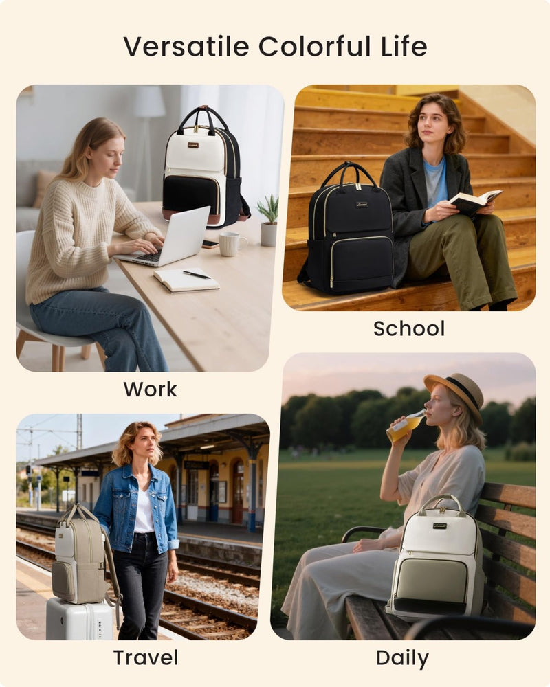 LOVEVOOK Laptop Backpack for Women with Giant Tumbler Holder Pocket, 15.6 inch Travel Work Backpack Purse for Teacher Nurse, Waterproof College Book Bag Cute Casual Daypack, Beige - Black - Brown