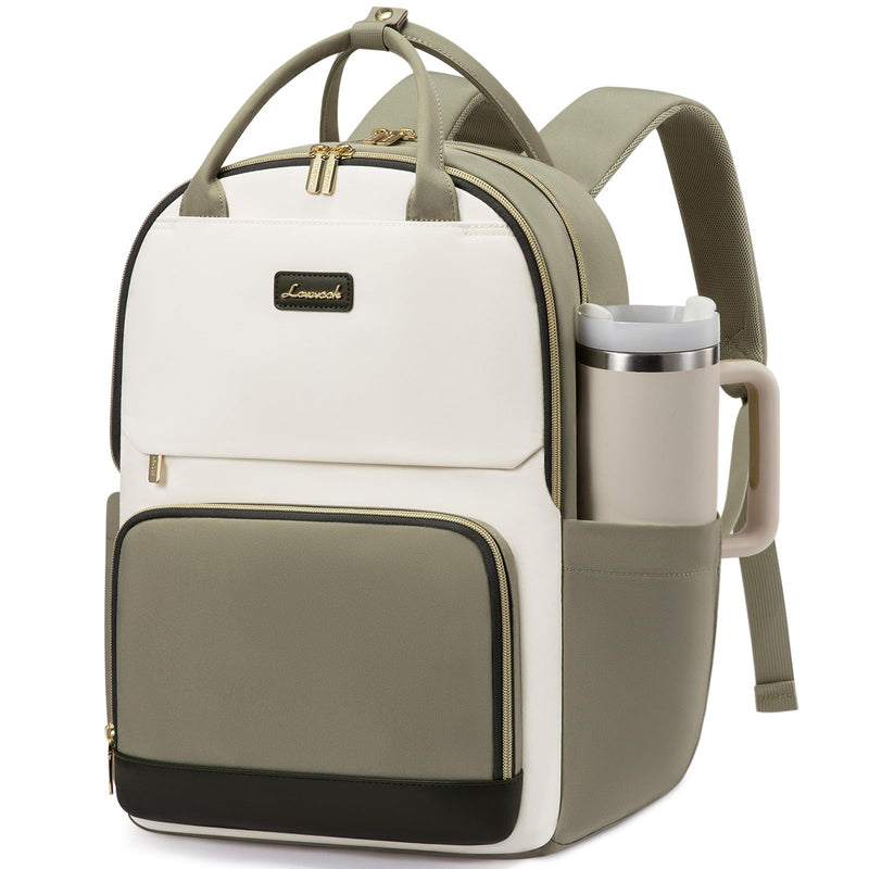 LOVEVOOK Laptop Backpack for Women with Giant Tumbler Holder Pocket, 15.6 inch Travel Work Backpack Purse for Teacher Nurse, Waterproof College Book Bag Cute Casual Daypack, Beige - Green