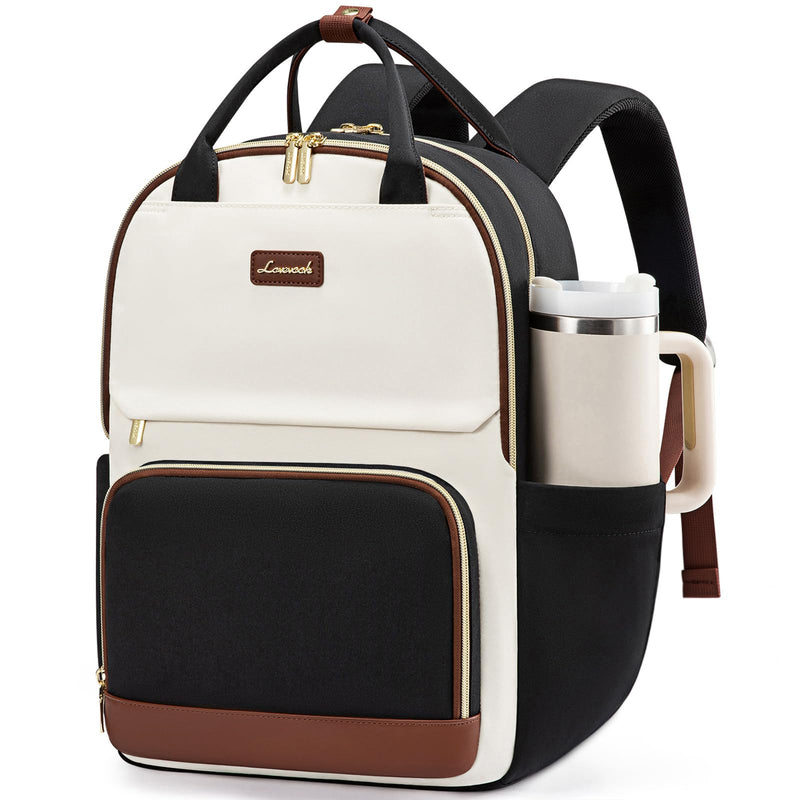 LOVEVOOK Laptop Backpack for Women with Giant Tumbler Holder Pocket, 15.6 inch Travel Work Backpack Purse for Teacher Nurse, Waterproof College Book Bag Cute Casual Daypack, Beige - Black - Brown