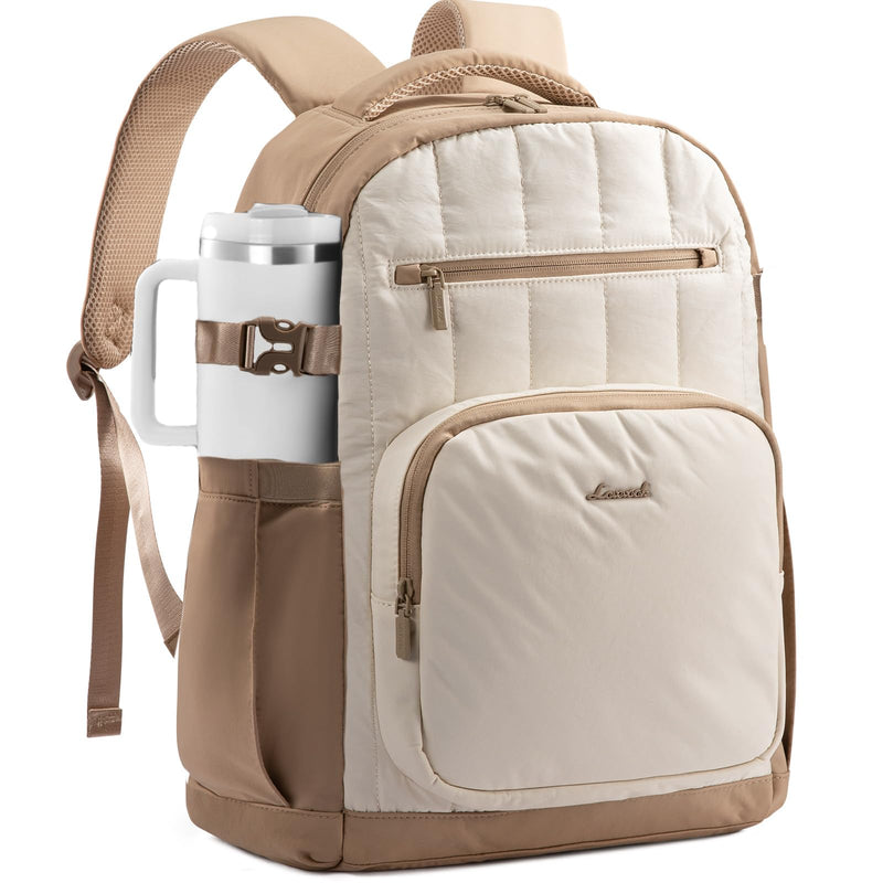 LOVEVOOK Laptop Backpack for Women with Giant Tumbler Holder Pocket,15.6 Inch Puffer Travel College Work Backpack Purse for Teacher Nurse,Waterproof Laptop Bag Computer Back Pack Daypack,White - Khaki