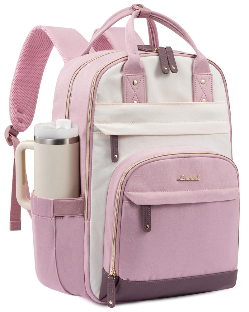 LOVEVOOK Laptop Backpack for Women with Giant Tumbler Holder Pocket,15.6 inch School College Bookbag Nurse Teacher Backpack,Work Travel Backpack Purse Laptop Computer Bag,Pink - Off - white - Light pink