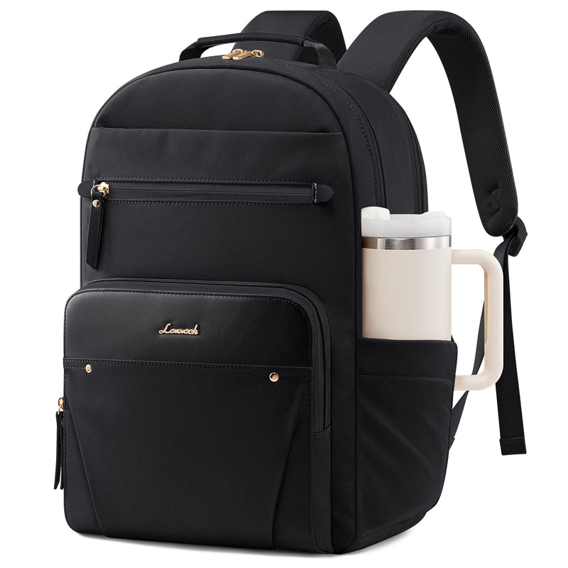 LOVEVOOK Laptop Backpack for Women with Leather Trim & Tumbler Pockets, 15.6" Work Backpack Purse, Travel Personal Item Bag, Carry On Business Computer Bag for Office, School, or Gift, Black
