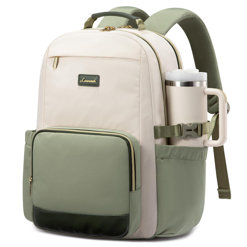 LOVEVOOK Laptop Backpack for Women with Pouch Pocket for Large Capacity Cup,15.6 Inch Laptop Computer Bag Travel Backpack Purse,Waterproof Work College Teacher Bags,White - Bean Green - Dark Olive Green