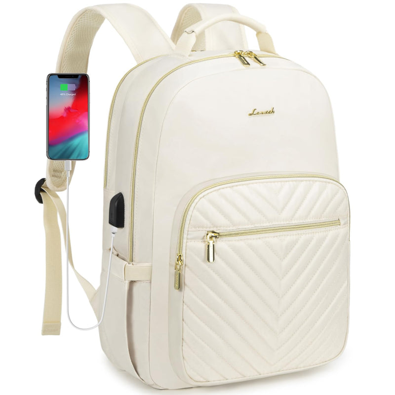 LOVEVOOK Laptop Backpack Purse for Women, Work Travel Computer Bags, College School Backpack for Student Girl, Quilted Casual Daypack with USB Port, Fit 15.6 Inch Laptop, Beige White