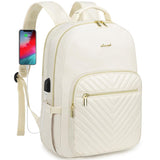 LOVEVOOK Laptop Backpack Purse for Women, Work Travel Computer Bags, College School Backpack for Student Girl, Quilted Casual Daypack with USB Port, Fit 15.6 Inch Laptop, Beige White