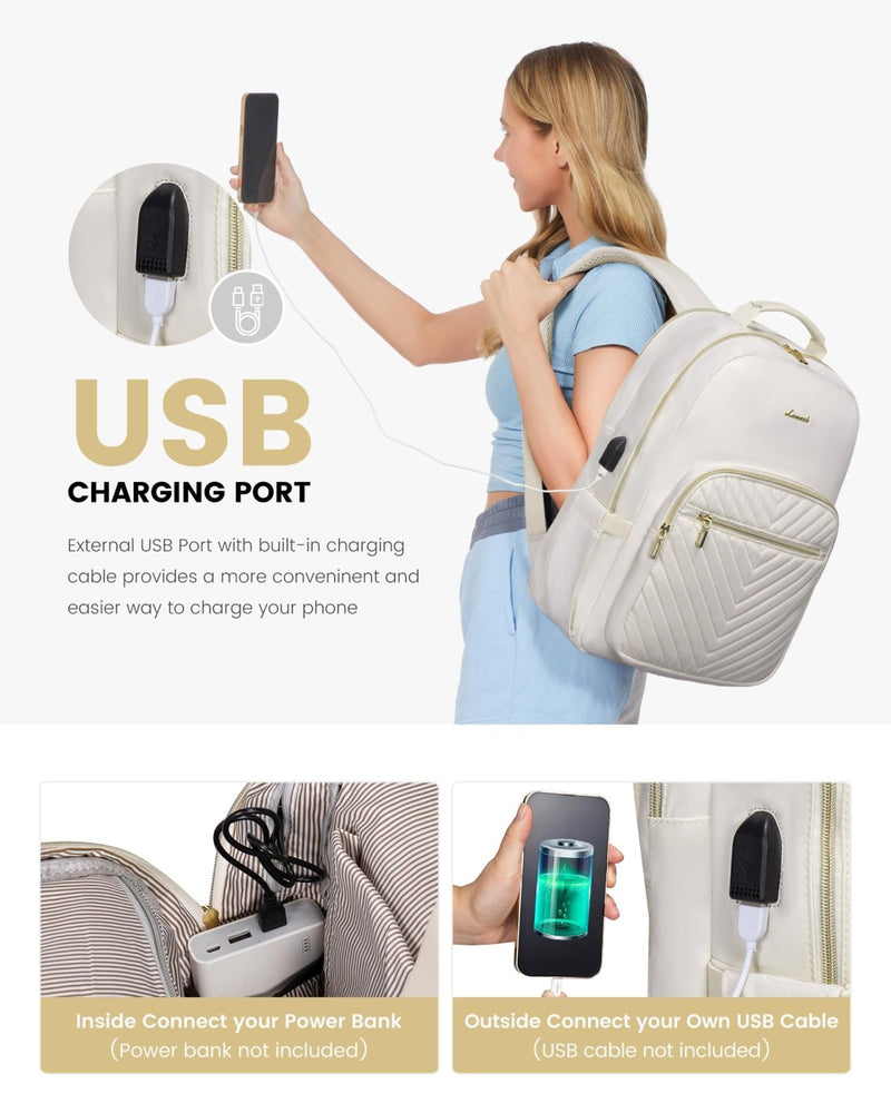 LOVEVOOK Laptop Backpack Purse for Women, Work Travel Computer Bags, College School Backpack for Student Girl, Quilted Casual Daypack with USB Port, Fit 15.6 Inch Laptop, Beige White