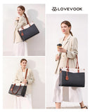 LOVEVOOK Laptop Bag for Women 15.6 Inch, Waterproof Leather Tote Purse with Cup Holder & Elegant Clutch, Multi Pocket Large Capacity Work Briefcase for Office Travel, Black - Beige - Brown