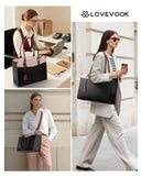 LOVEVOOK Laptop Bag for Women 15.6 Inch, Waterproof Leather Tote Purse with Cup Holder & Elegant Clutch, Multi Pocket Large Capacity Work Briefcase for Office Travel, Black - Beige - Brown