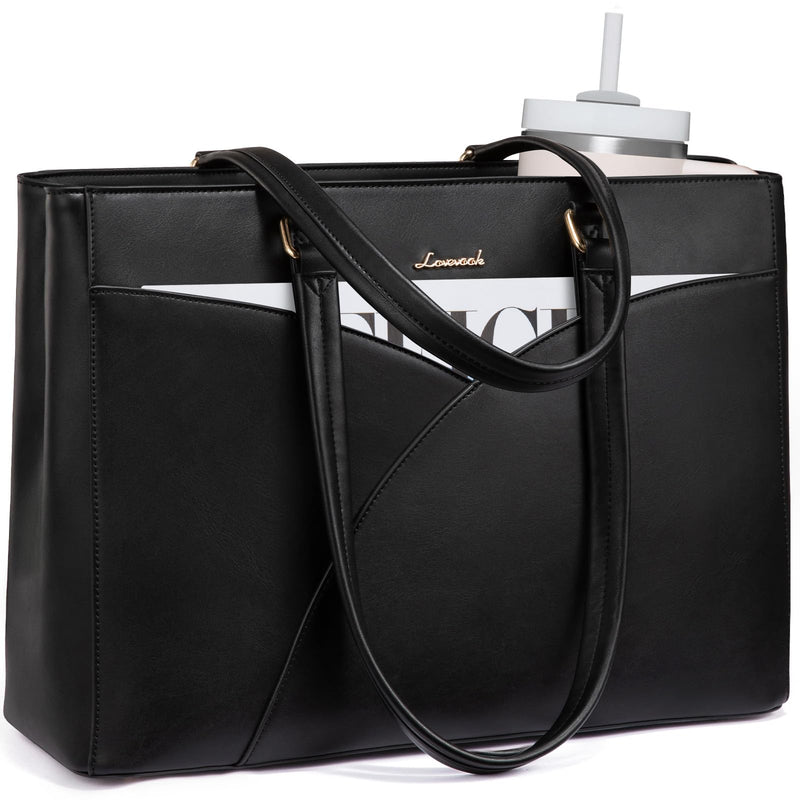LOVEVOOK Laptop Bag for Women,15.6 Inch Work Teacher Bags Leather Tote Bag Briefcase Waterproof Computer Bag for Women，Black