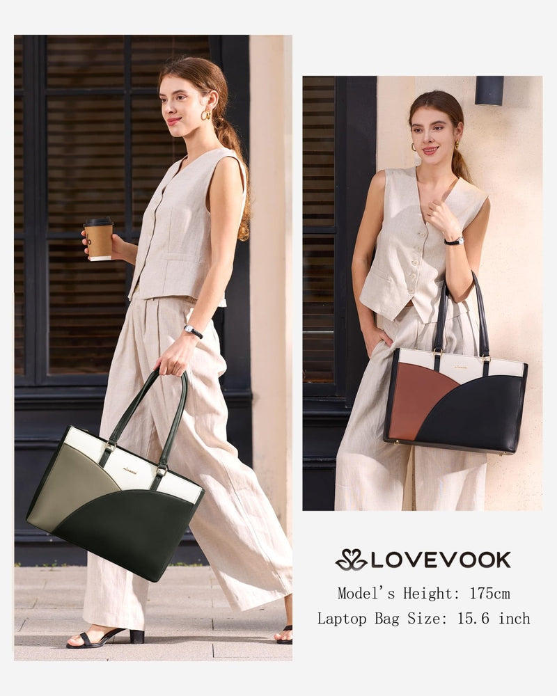 LOVEVOOK Laptop Bag for Women,15.6 Inch Work Teacher Bags Leather Tote Bag Briefcase Waterproof Computer Bag for Women，White and Green