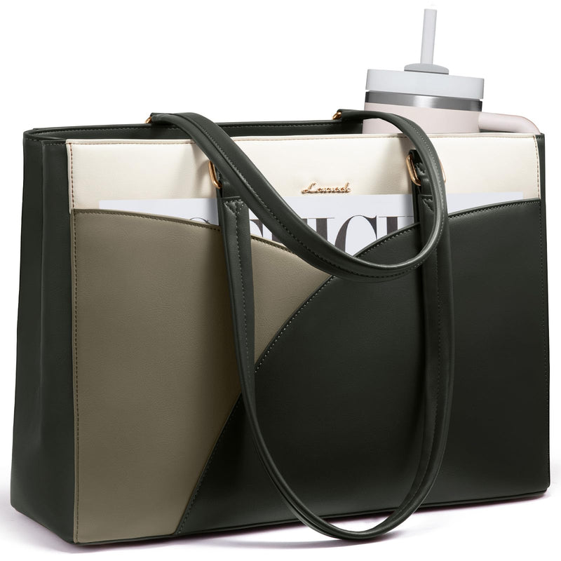 LOVEVOOK Laptop Bag for Women,15.6 Inch Work Teacher Bags Leather Tote Bag Briefcase Waterproof Computer Bag for Women，White and Green