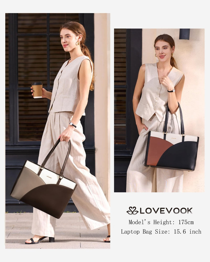 LOVEVOOK Laptop Bag for Women,15.6 Inch Work Teacher Bags Leather Tote Bag for Women Briefcase for Women Waterproof Computer Bag for Women，White Chestnut Curry