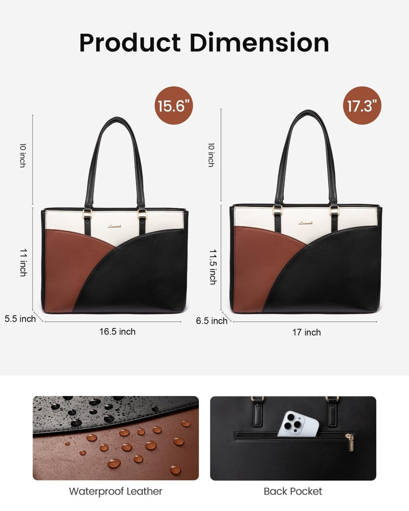 LOVEVOOK Laptop Bag for Women,17.3Inch Work Teacher Bags Leather Tote Bag Briefcase Waterproof Computer Bag for Women，Black - White - Brown