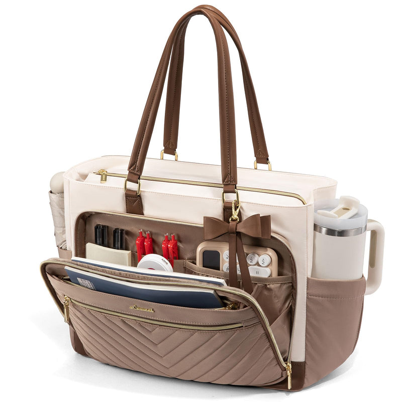 LOVEVOOK Laptop Tote Bag for Women, Work Bag Teacher Tote with Large Cup Holder, Quilted Nurse Diaper Bag for Travel, College Computer Women's handbags for Teacher gift, Khaki - beige - coffee, 15.6 Inch