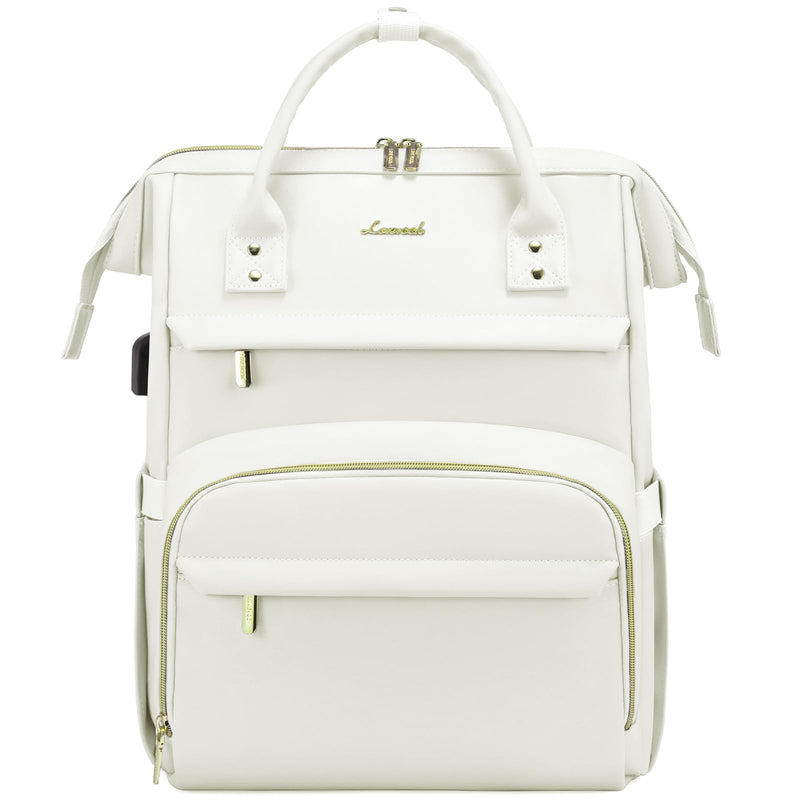 LOVEVOOK Leather Laptop Backpack for Women 15.6 inch,Travel Backpack Purse Nurse Teacher Backpacks Computer Laptop Bag,Professional College Business Work Carry On Backpack with USB Port,Beige White