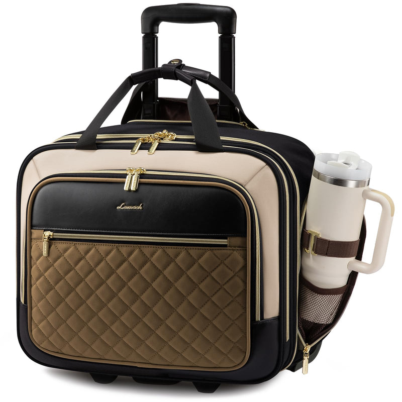 LOVEVOOK Rolling Laptop Bag Women, 17.3 Inch Laptop Briefcase with Wheels for Work Travel Business, Underseat Carry On Luggage Case,Khaki - Apricot