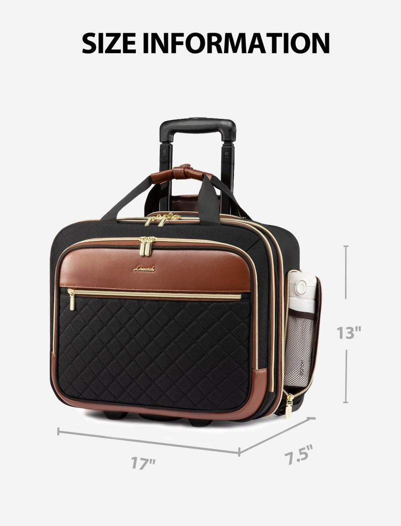 LOVEVOOK Rolling Laptop Bag Women, 17.3 Inch Laptop Briefcase with Wheels, Soft Sided Underseat Carry On Luggage Personal Item Suitcase for Work Travel Business, Black Brown