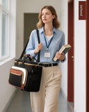 LOVEVOOK Rolling Teacher Bag with Detachable Dolly and Laptop Compartment, Large Rolling Tote Bag fits for 17.3" Laptop for Teacher Office Work Craft Nurse, Quilted - Black - beige - brown