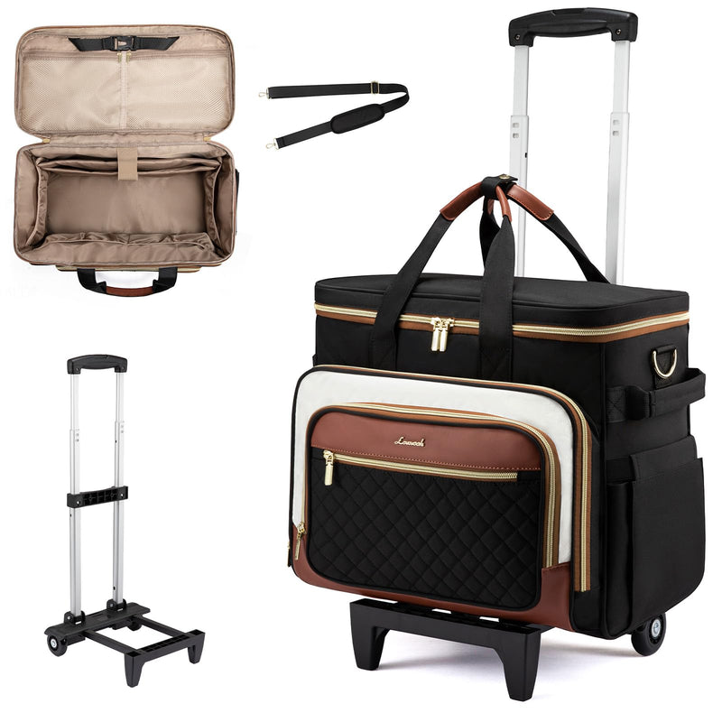 LOVEVOOK Rolling Teacher Bag with Detachable Dolly and Laptop Compartment, Large Rolling Tote Bag fits for 17.3" Laptop for Teacher Office Work Craft Nurse, Quilted - Black - beige - brown