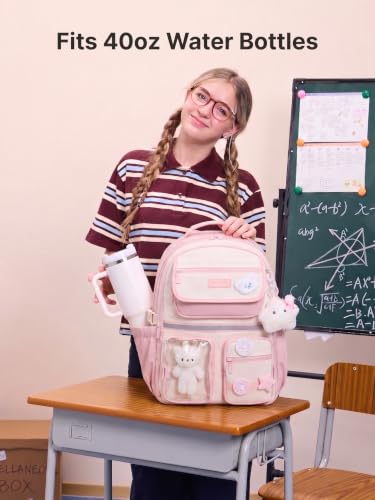 LOVEVOOK School Backpack for Girls, Cute Bookbag for Teen 8-16, DIY Friendly 15.6" Laptop Backpack for Middle High College Student Back to School, Bag with Water Bottle Pocket for Travel, Pink