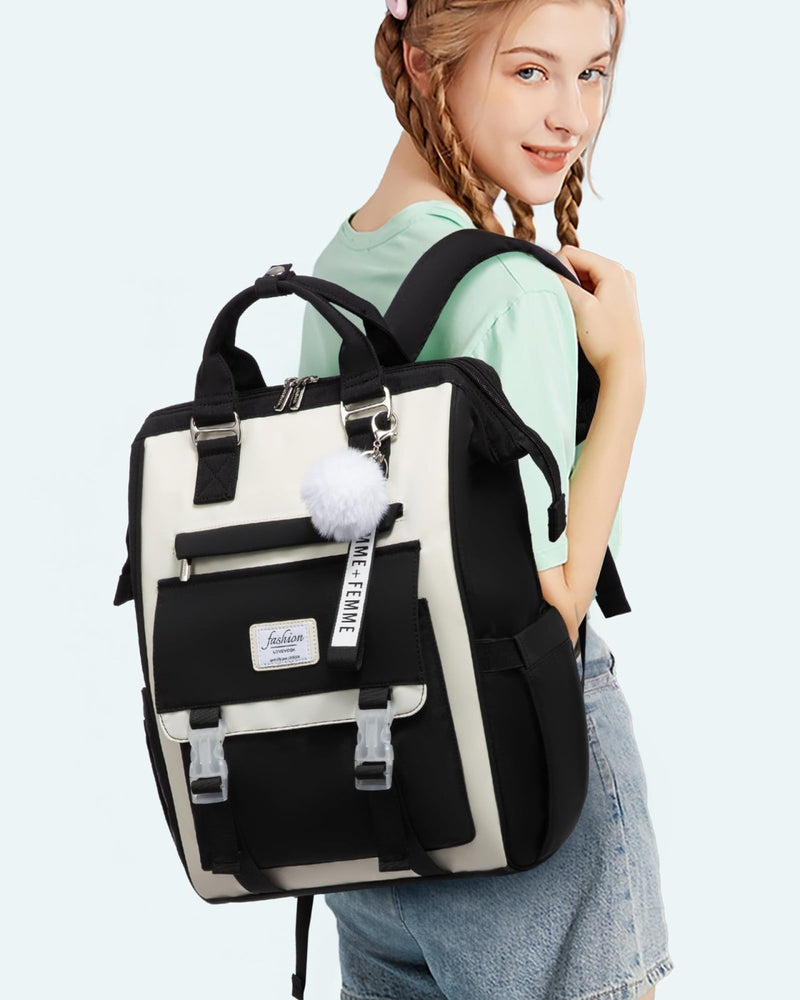 LOVEVOOK School Backpack for Student,15.6 Inch College Backpack, Light Weight Cute Bookbag for Girls, Waterproof Casual Daypack Laptop Backpack fits School Travel Casual（Black&Beige）